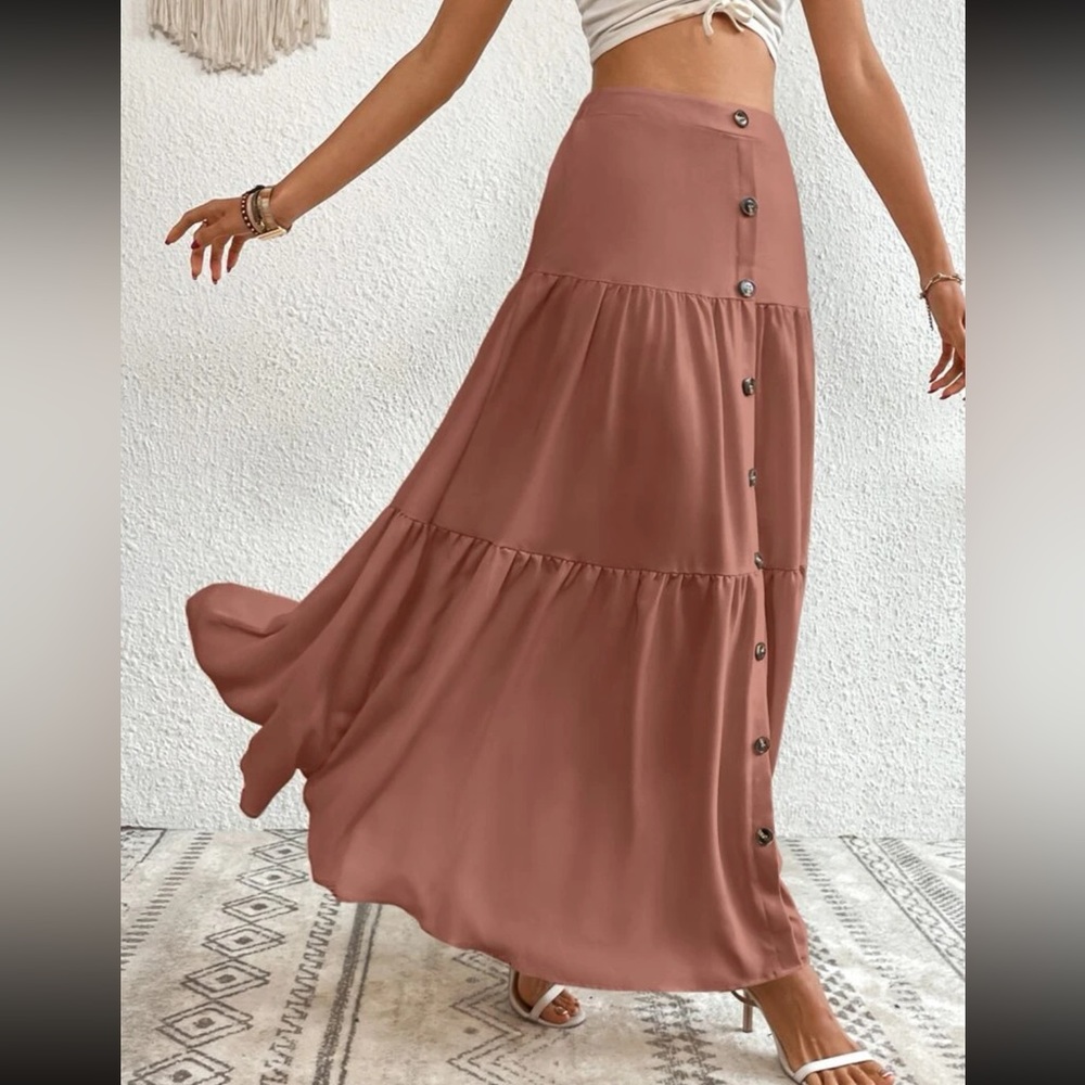 Boho dusty pink button detail ruffle hem maxi skirt - Picture 4 of 16
